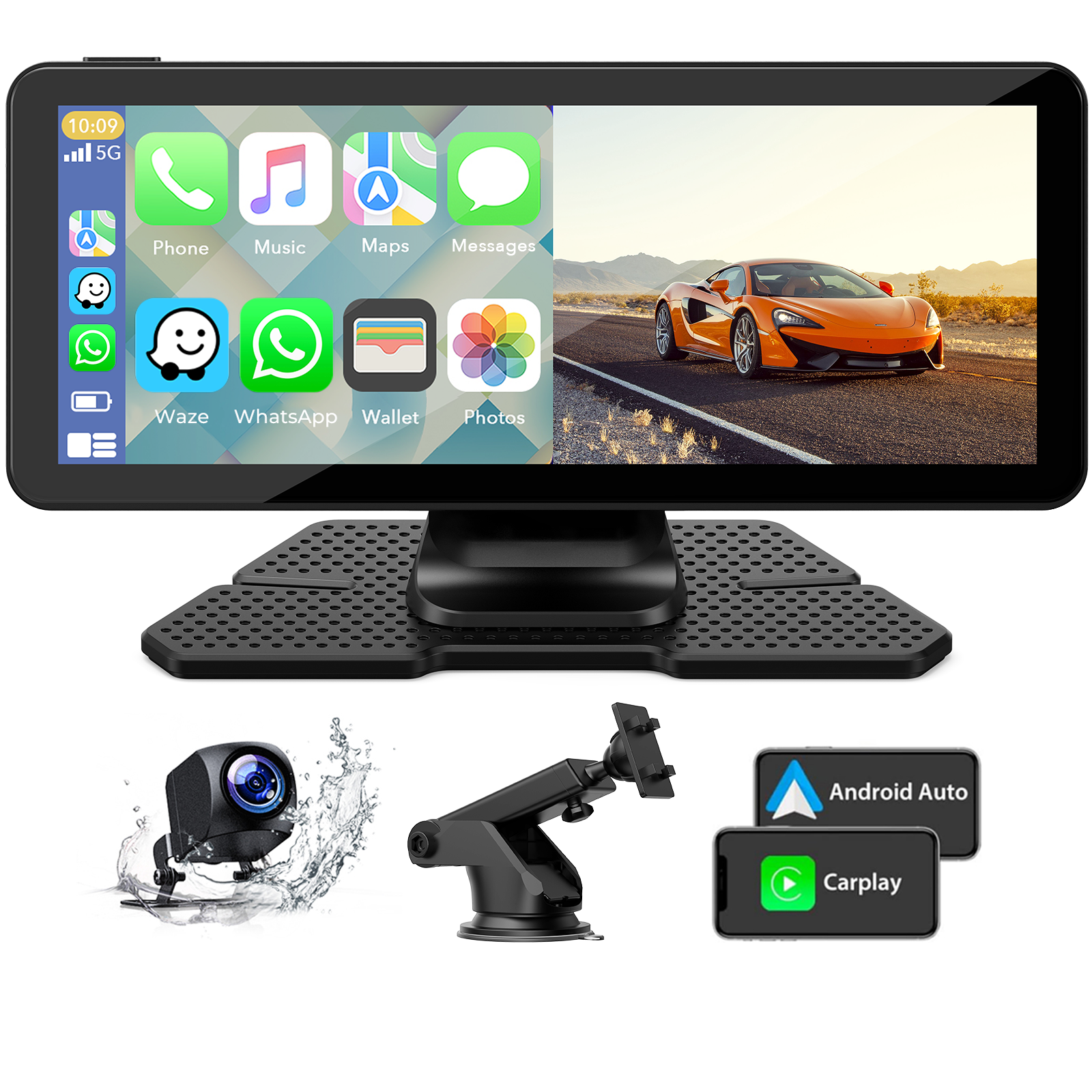 6.86'' Car Stereo Wireless Apple Carplay & Android Auto with 2.5K Dash Cam & 1080P Backup Camera, GPS and 64GB Card