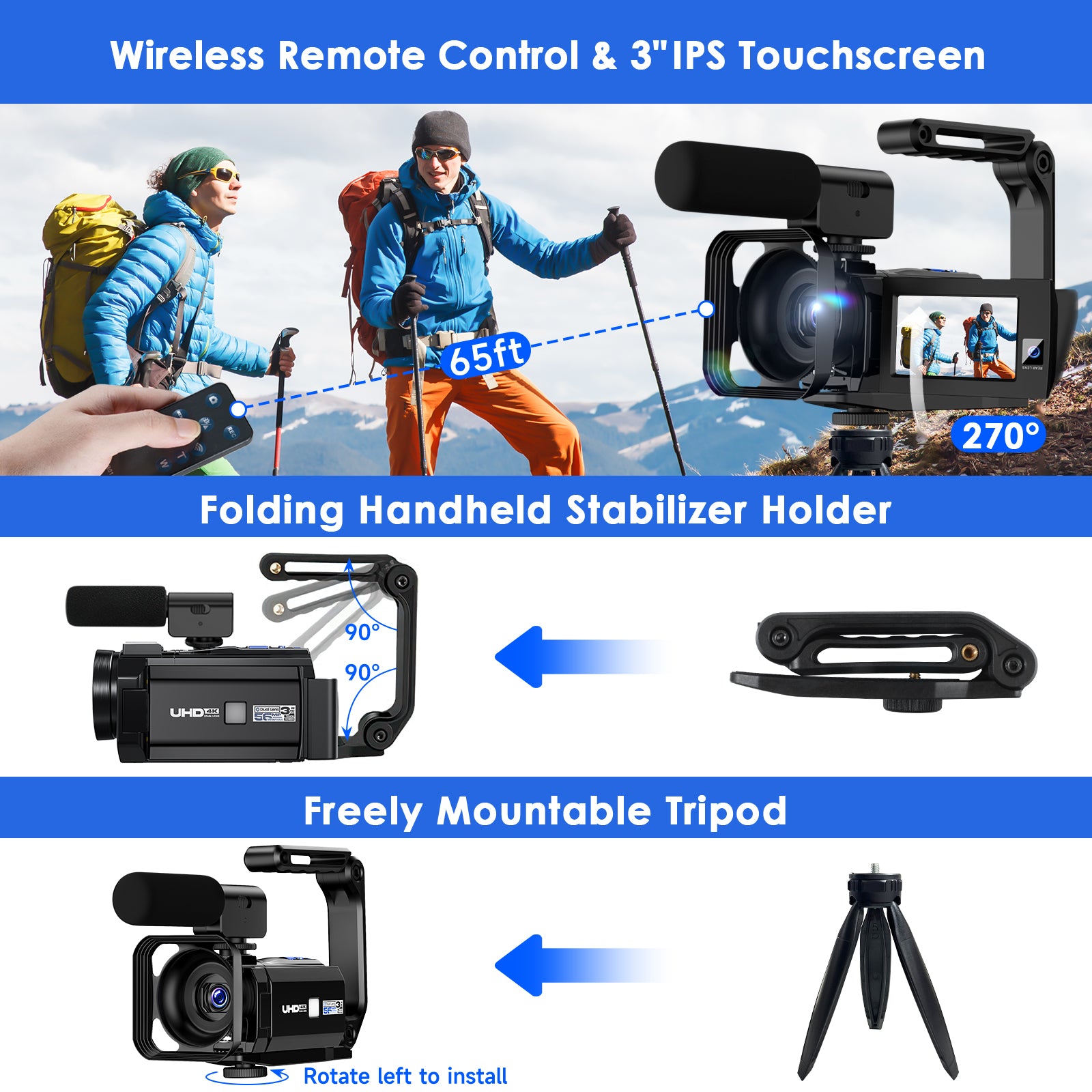 4K Action Camera Dual Lens Video Camcorder with 3'' Rotatable Touch Screen and Microphone