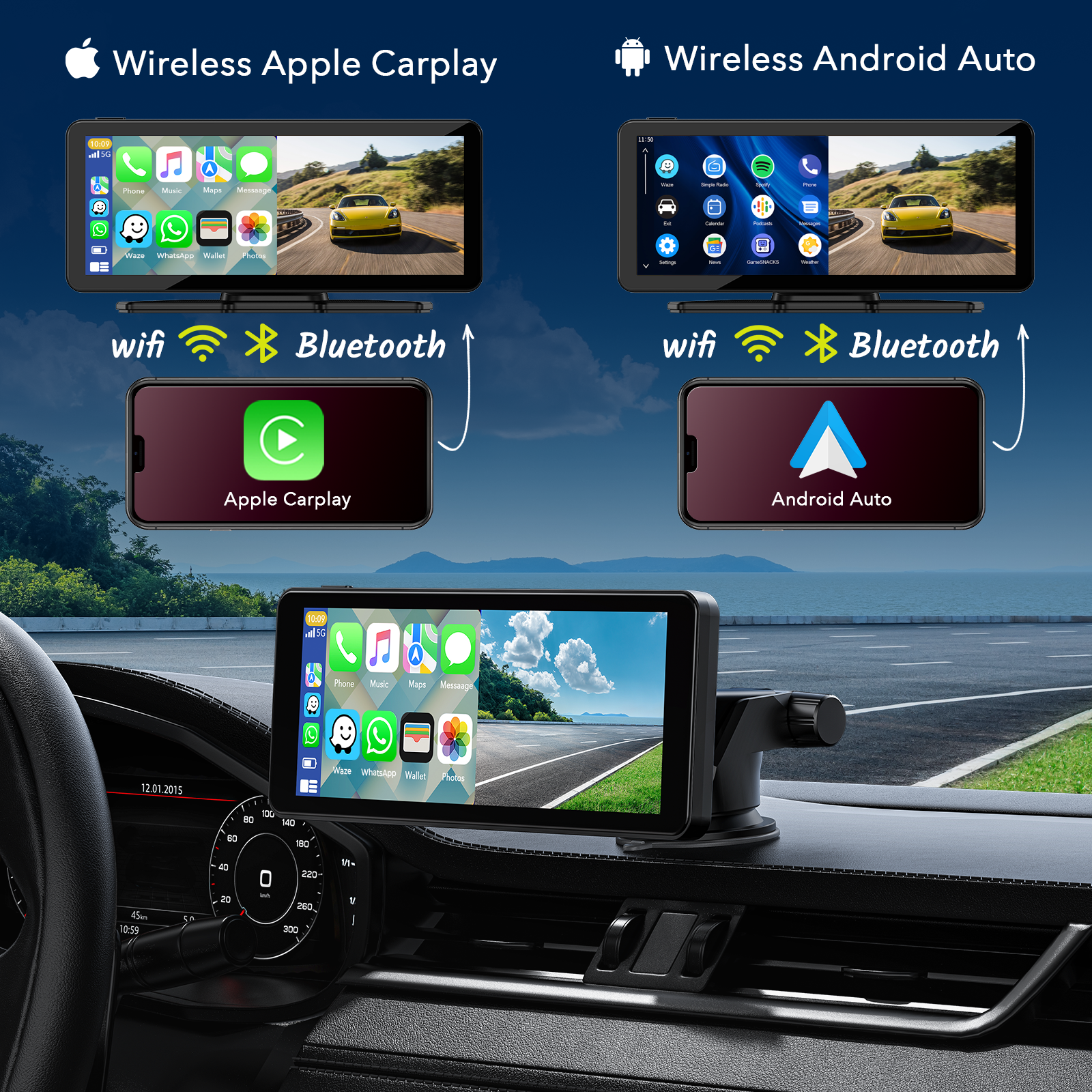 6.86" Portable Wireless Car Stereo Receiver Carplay & Android Auto Screen with 2.5K Dash Cam, 1080P Backup Camera, 64GB SD Card, GPS Navigation, AirPlay, AUX/FM, Googel, Siri\