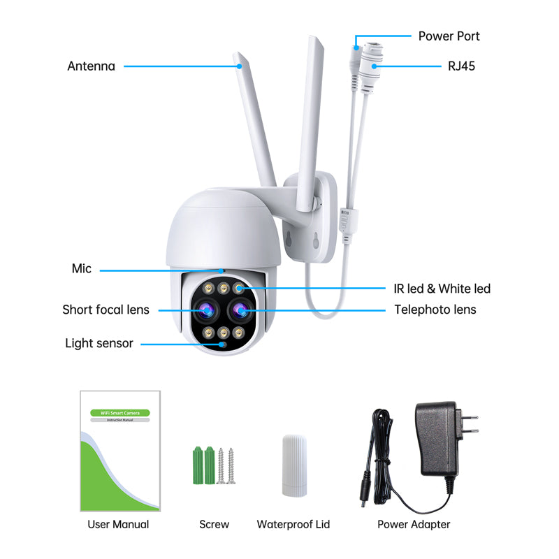 Security Camera 8x Hybrid Zoom PTZ WiFi Dual Lens Ca