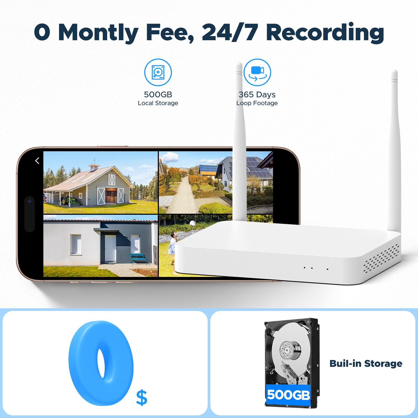 Campark SC53 Wireless Security Camera System with 500GB HDD, No Subscription
