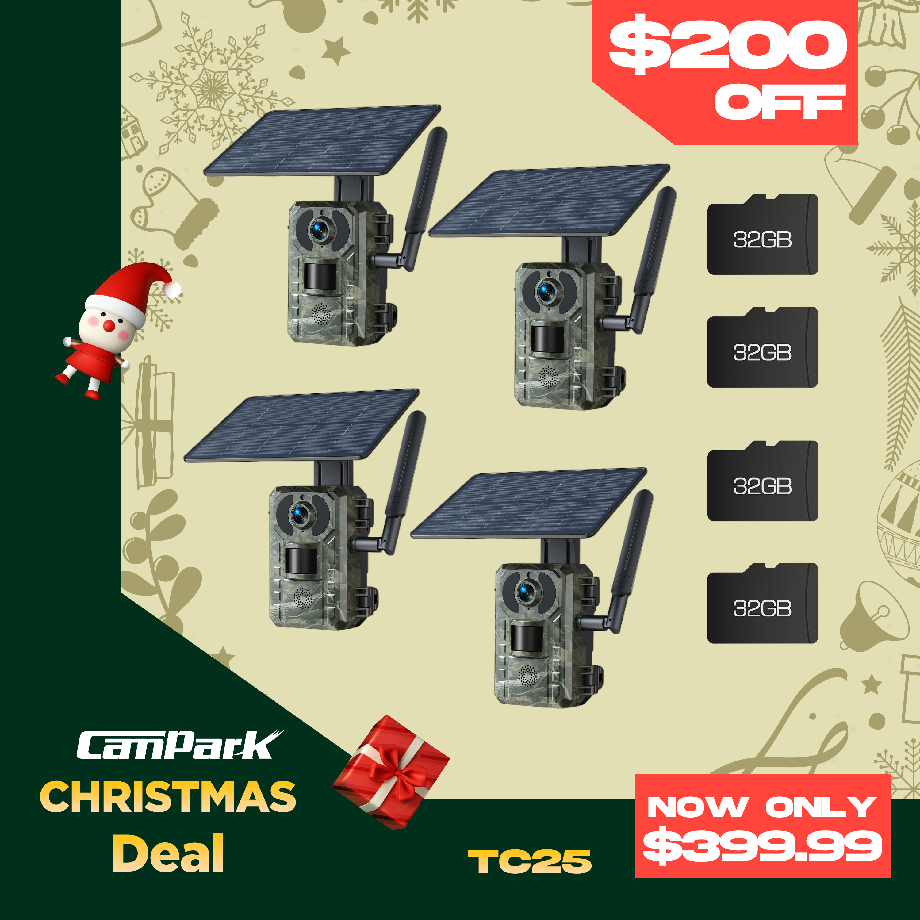 Campark TC25 2K 4G LTE Cellular Trail Camera Solar Power Wildlife Camera with Motion Detection and Instant Notification