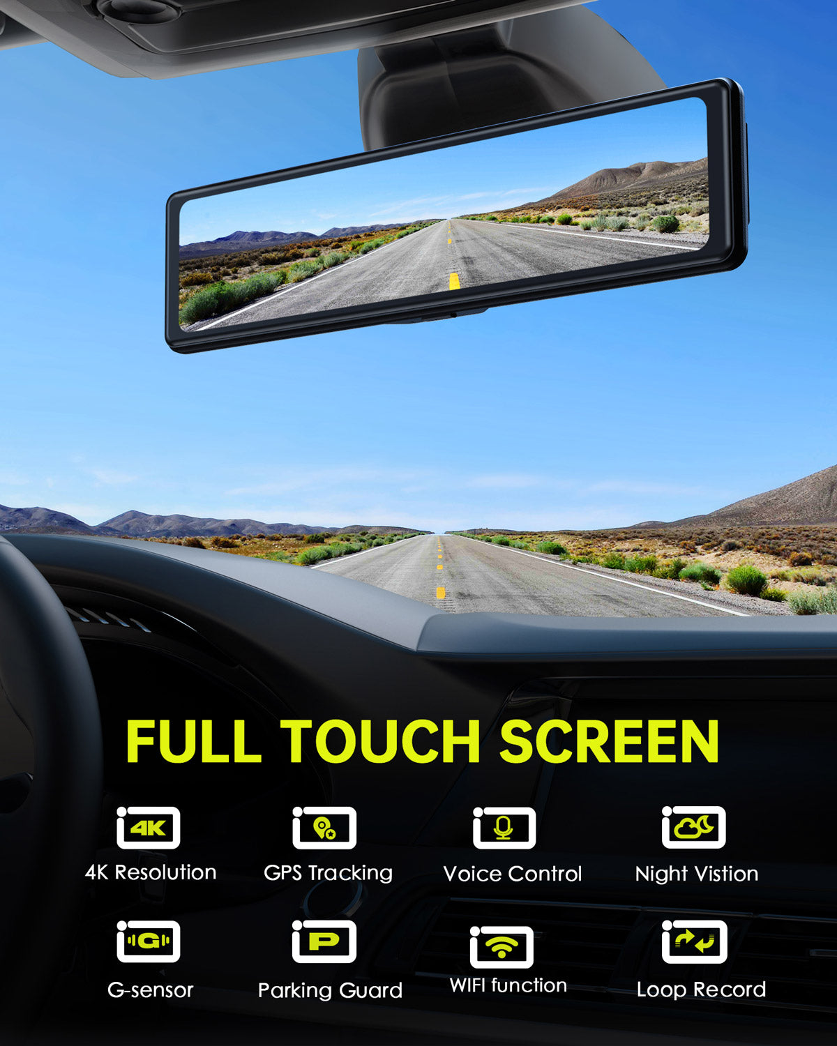 Campark RM05 4K 12" Voice Control Front and Rear Mirror Dash Camera With GPS