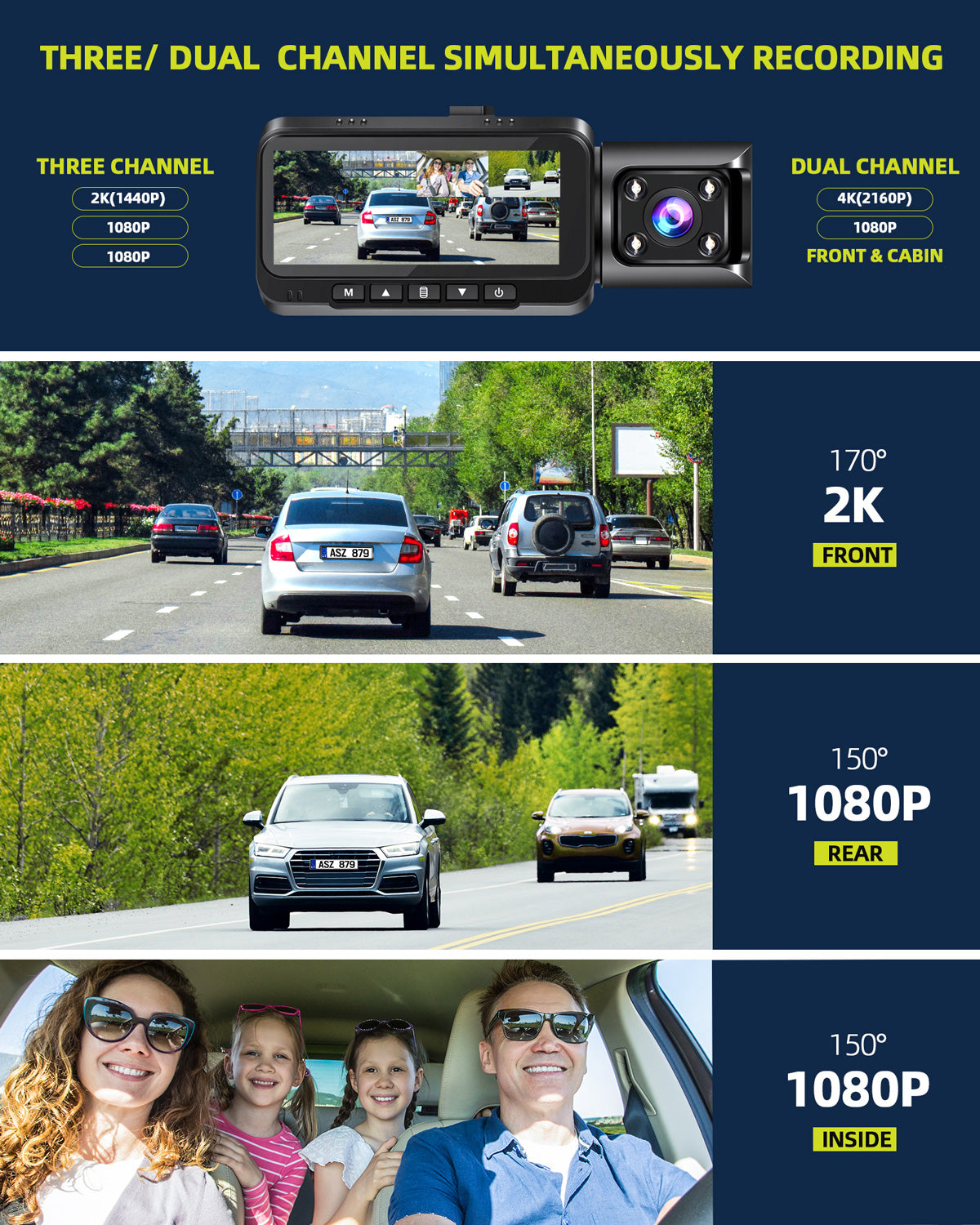 Campark DC14 3 Way 4K WIFI Dash Camera With 64GB Memory Card（Out of stock in the US and CA）