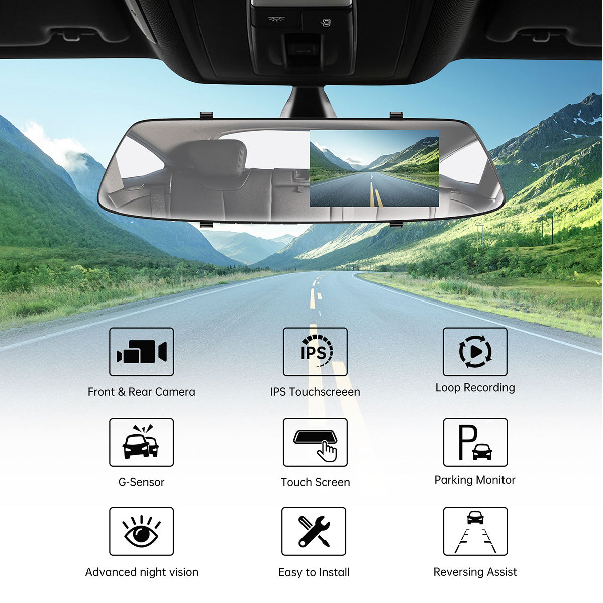 Campark CE13 1080P Front and Rear Mirror Dash Cam with 4.3'' IPS Full Touch Screen