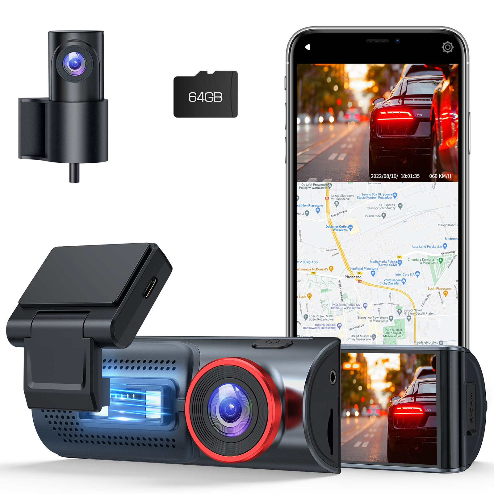 Campark DC06 4K Dash Camera 3.16''Touch Screen Inside WiFi GPS Dual Dashcams  Front and Rear with 64GB Memory Card（Only sold in the EU）