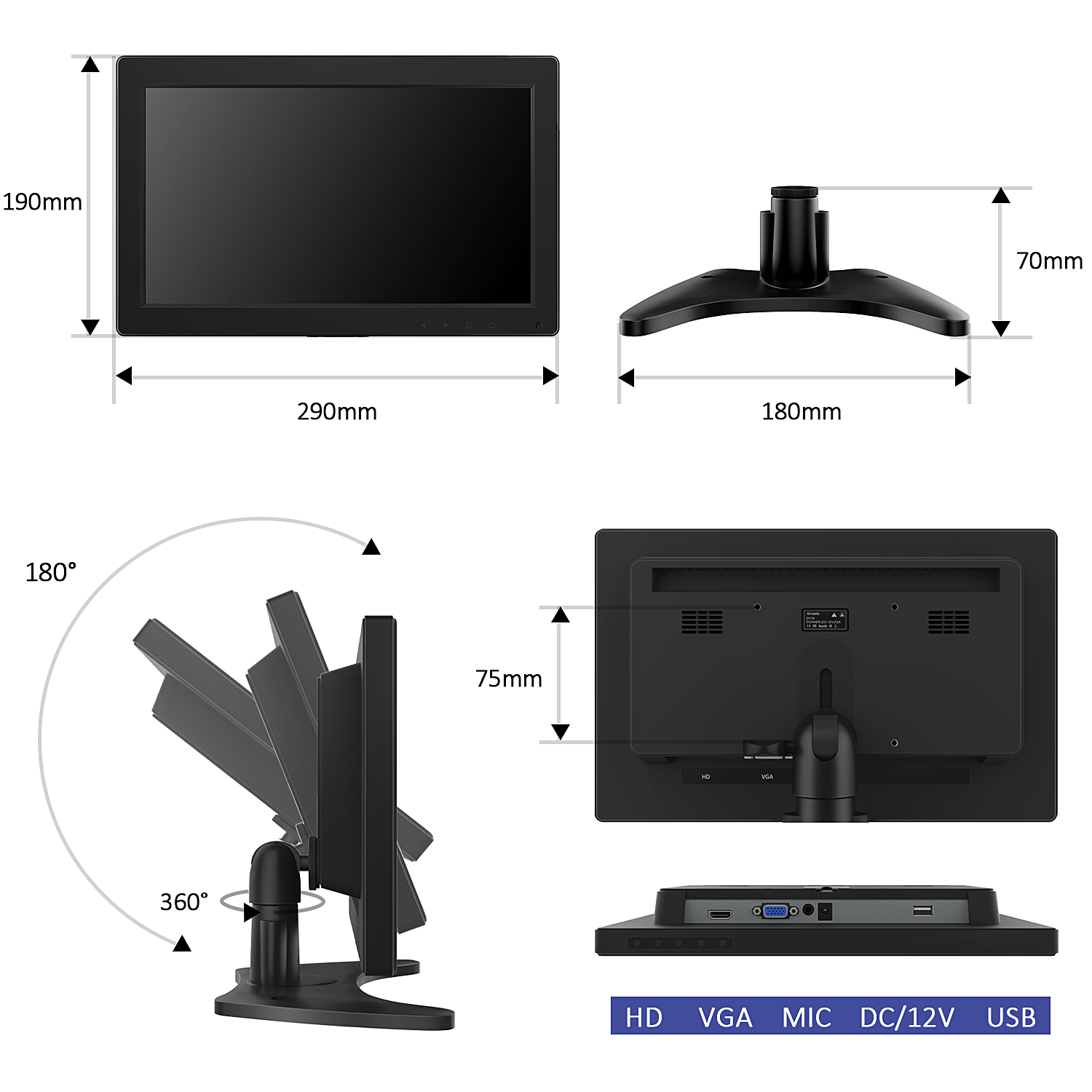 Toguard D119 Small HDMI Monitor 12 Inch 1920x1080 LCD HD Touchscreen Monitor HDMI Computer Display Screen