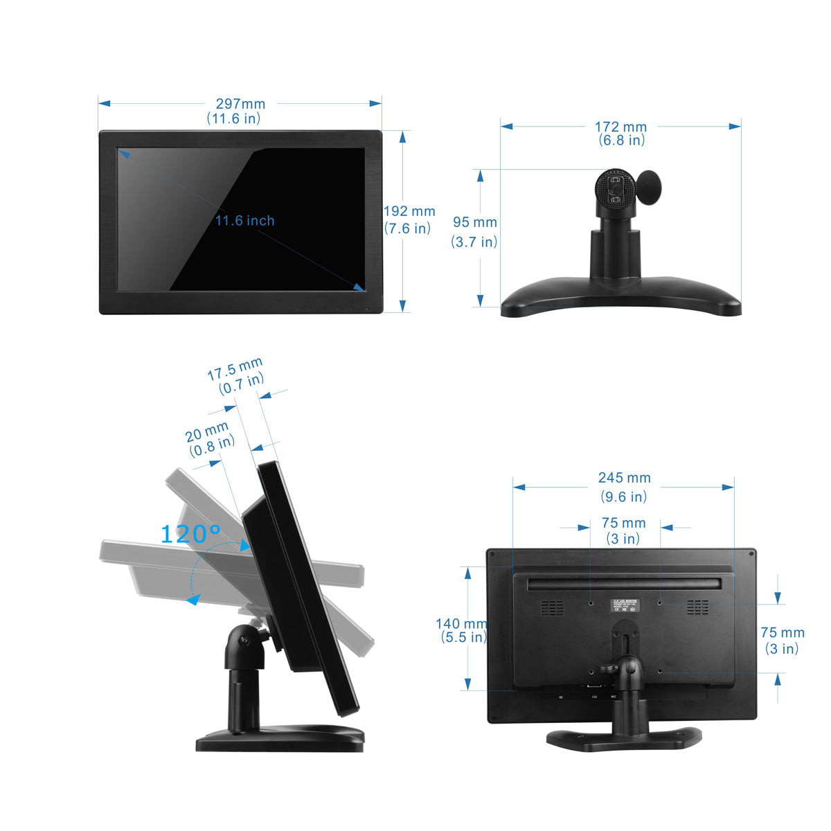 Campark D126 12" 1366x768 HDMI Monitors, LCD Display w/Speaker, HDMI/VGA/AV Port for PC/Security/CCTV System/Raspberry Pi（Only Available In Europe）