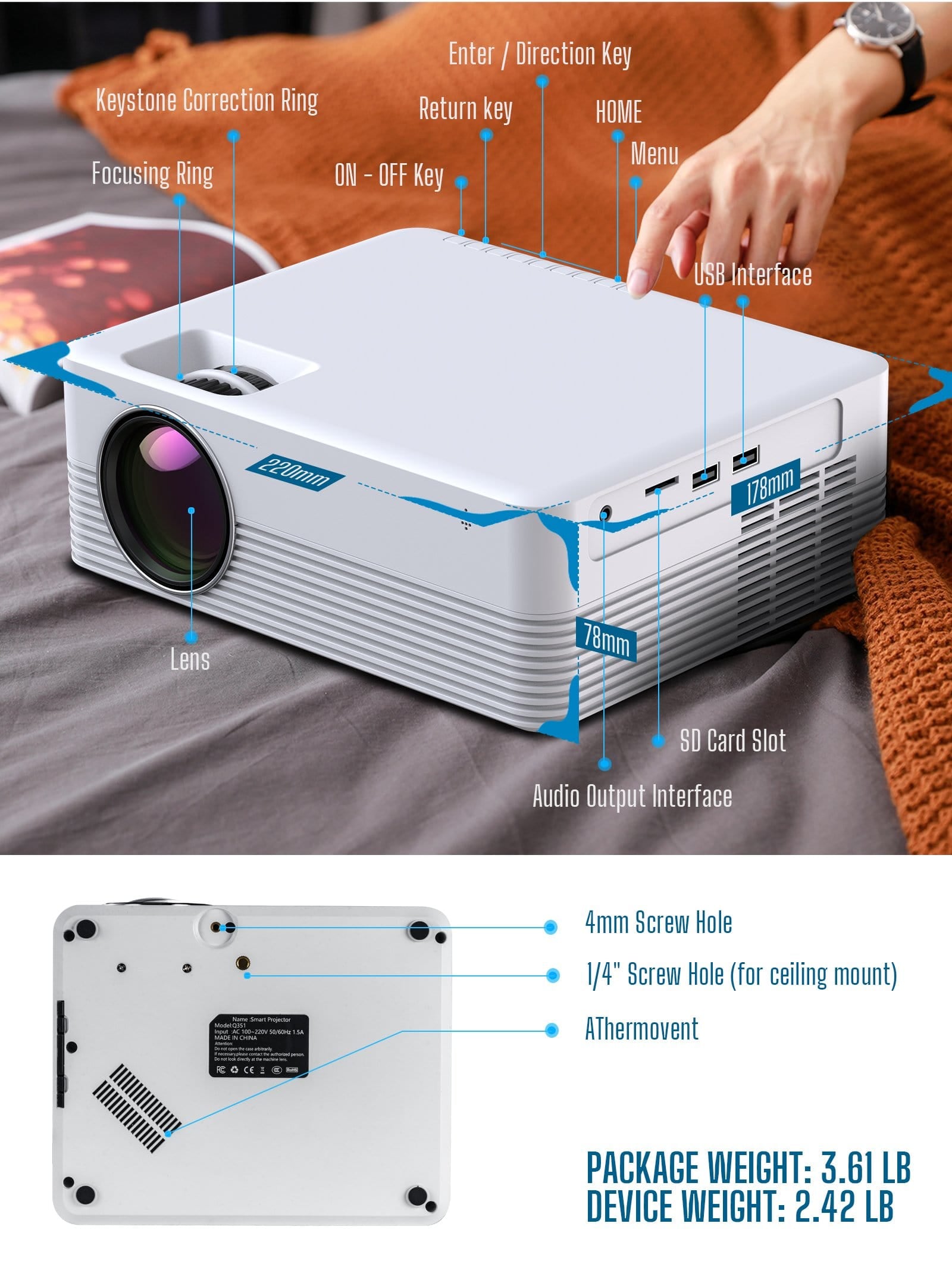 Campark P200 Video Projector Android WiFi Bluetooth Projector