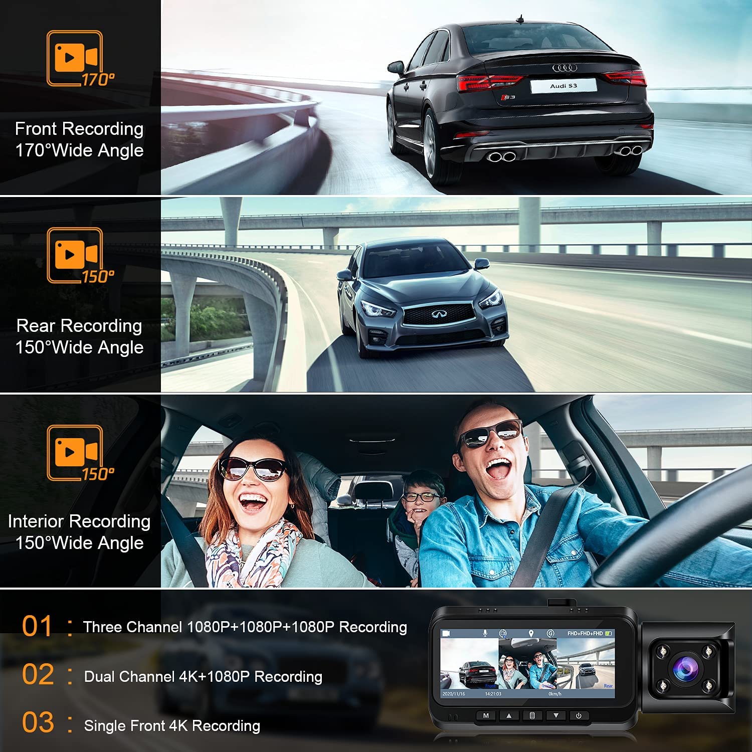 TOGUARD CE66A GPS 4K WiFi , 2k+1080P+1080P 3 Way Triple Car DVR Camera IR Night Vision Driving Recorder