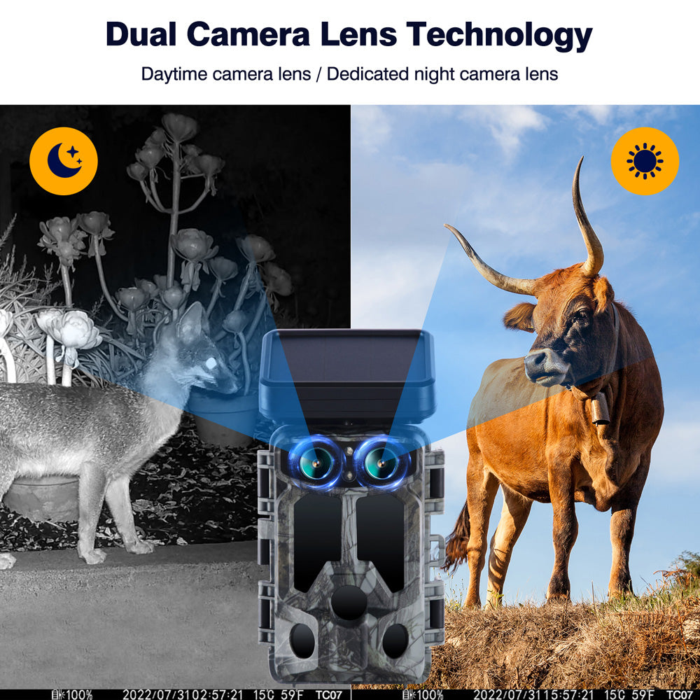 Campark TC07 4K 60MP WiFi Solar Power Dual Lens Wildlife Camera Trail Camera
