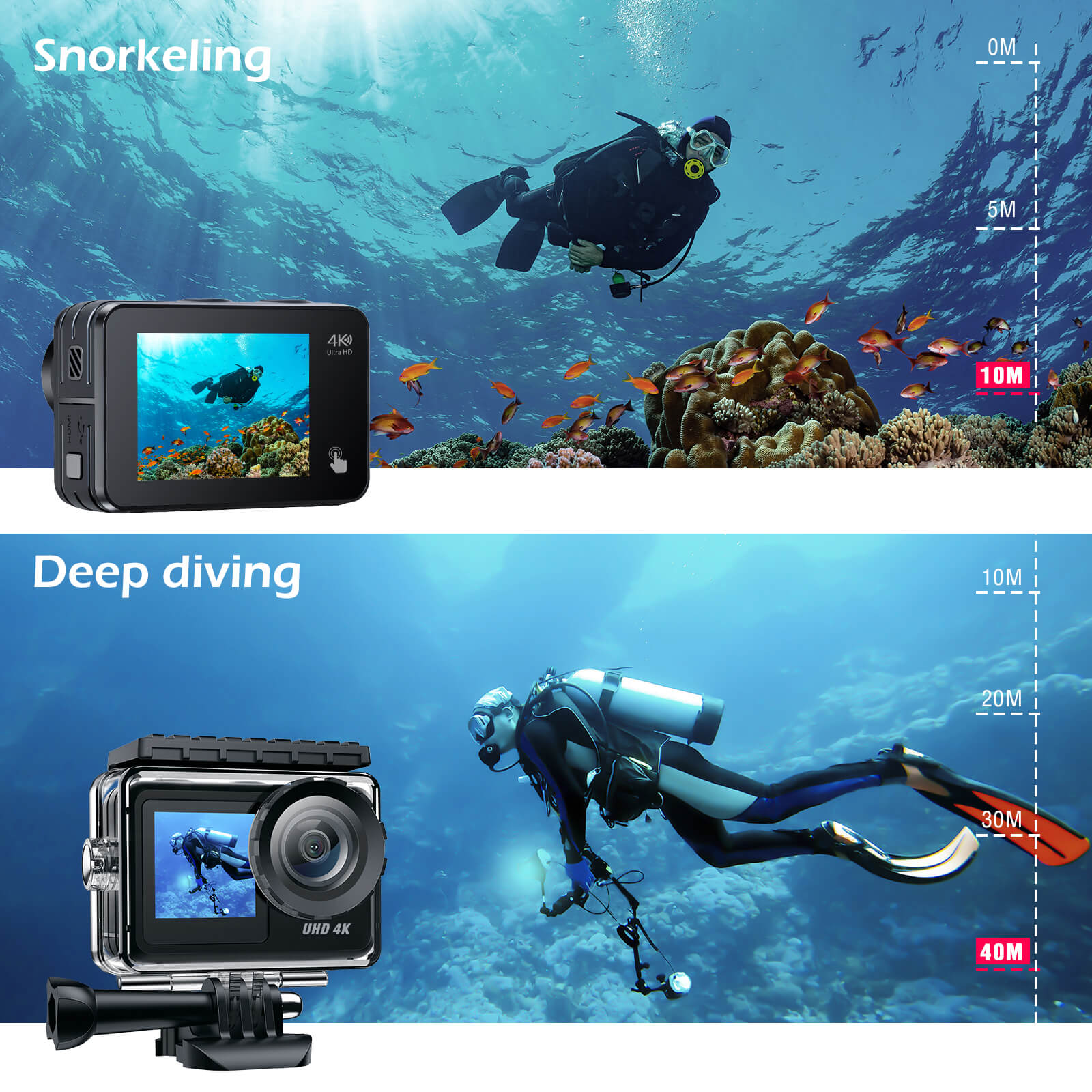 Campark V40/AC02 4K/30FPS WiFi Dual Screen Action Camera 20MP Touch Screen 40M Waterproof Camera